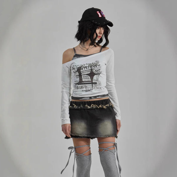 Damen Off-Shoulder Langarmshirt mit kreativem Grafikdesign WOLFF
