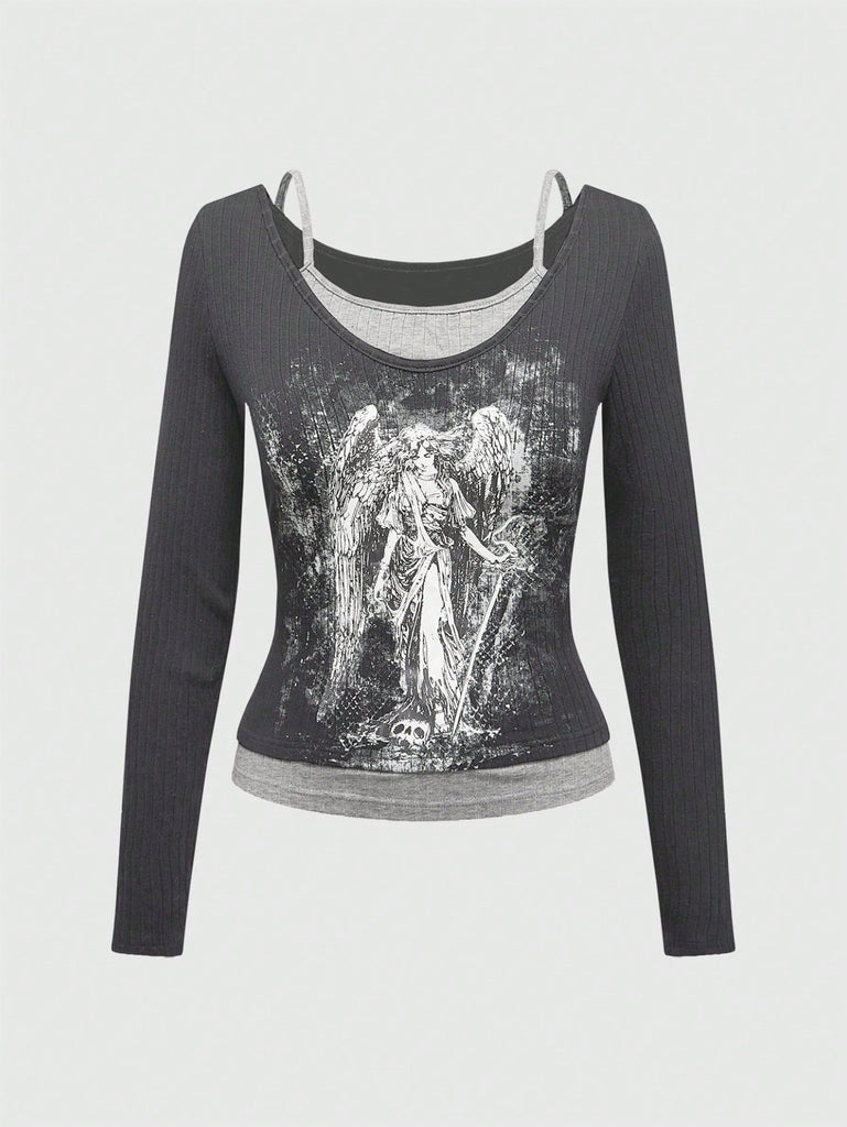 Damen Off-Shoulder Top mit feinem Spitzen-Overlay und kreativem Grafikdruck WOLFF