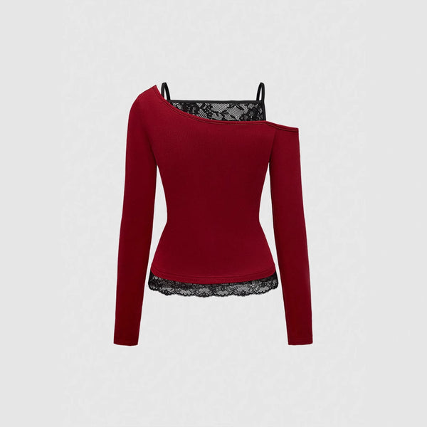 Damen asymmetrisches Longsleeve-Top mit glänzendem Kreuz-Design und Spitzenabschluss WOLFF
