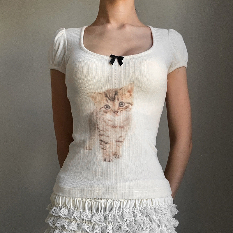 Damen T-Shirt mit süßem Katzenmotiv und Puffärmeln WOLFF