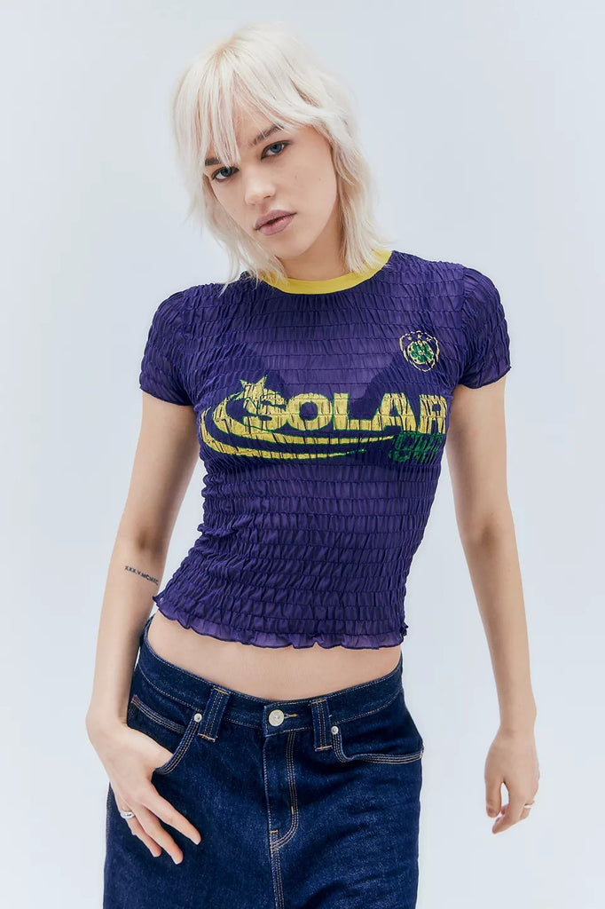 Damen figurbetontes T-Shirt mit elastischem Rüschendesign und kreativem Grafikdruck WOLFF