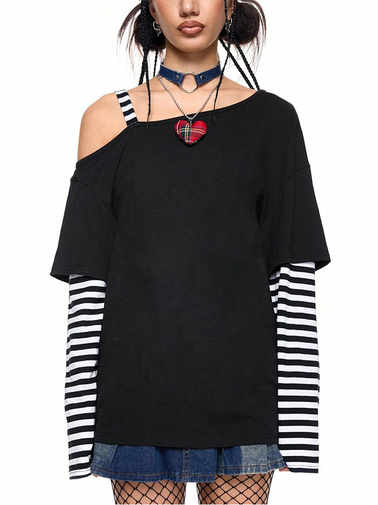 Damen Lässiges Off-Shoulder T-Shirt mit gestreiften Ärmeln und oversized Schnitt WOLFF