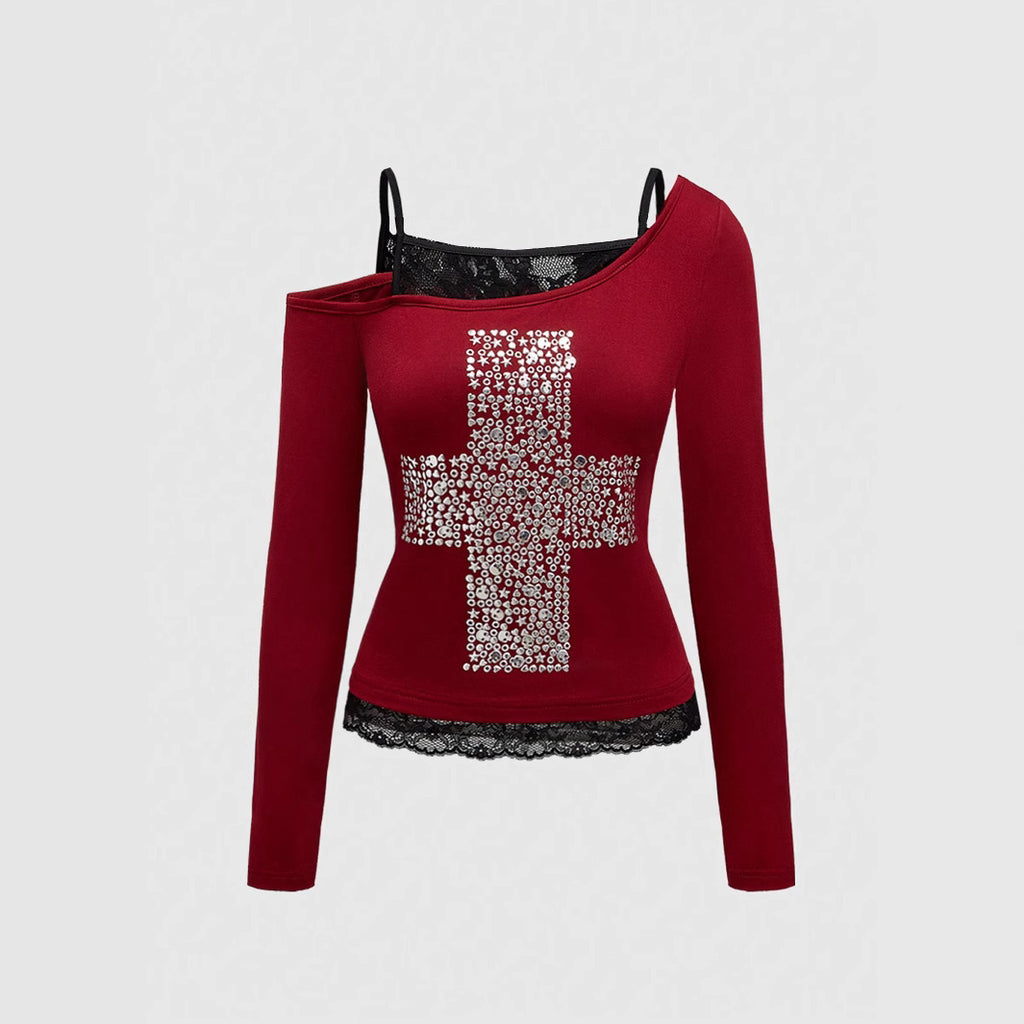 Damen asymmetrisches Longsleeve-Top mit glänzendem Kreuz-Design und Spitzenabschluss WOLFF