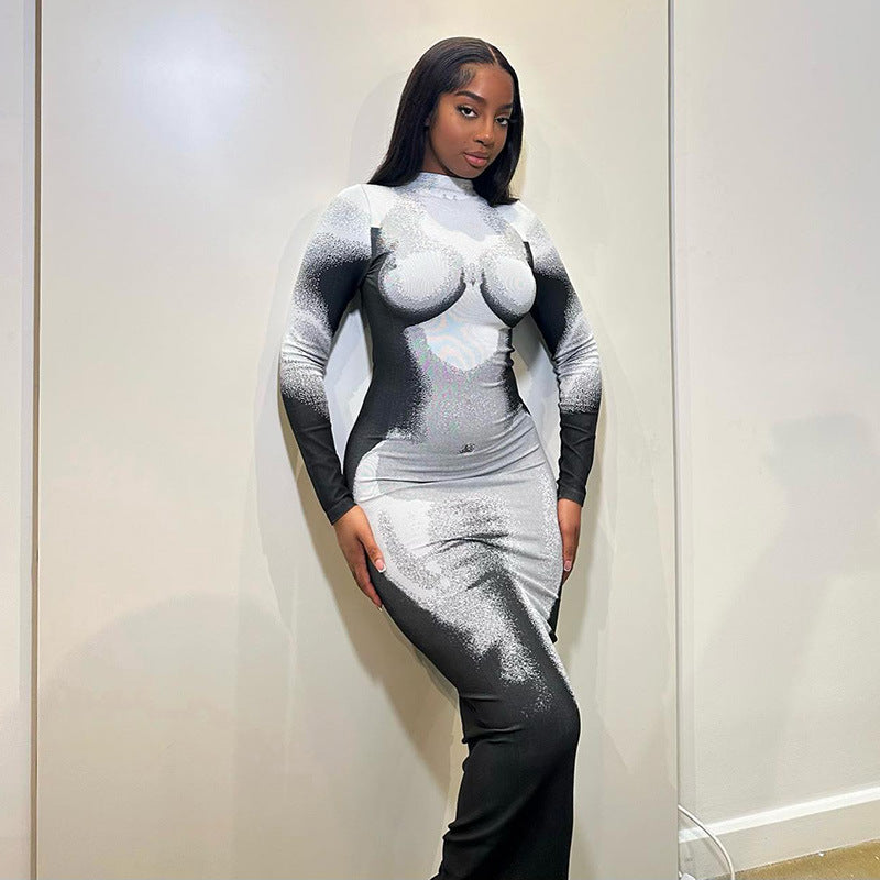 Damen figurbetontes Langarmkleid mit künstlerischem Print WOLFF
