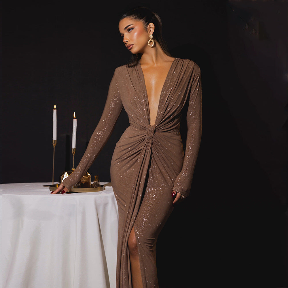 Damen bodenlanges glamouröses Kleid mit tiefem V-Ausschnitt und raffinierten Drapierungen WOLFF