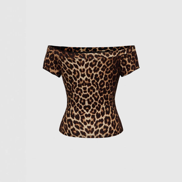 Damen Off-Shoulder Top mit kreativem Leopardenmuster und auffälligem Schriftzug WOLFF