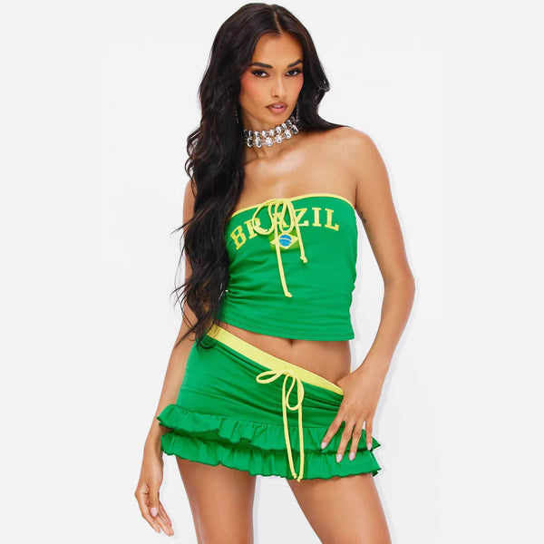 Damen Top und Rock-Set mit Brasilien-Motiv und verspielten Rüschen WOLFF