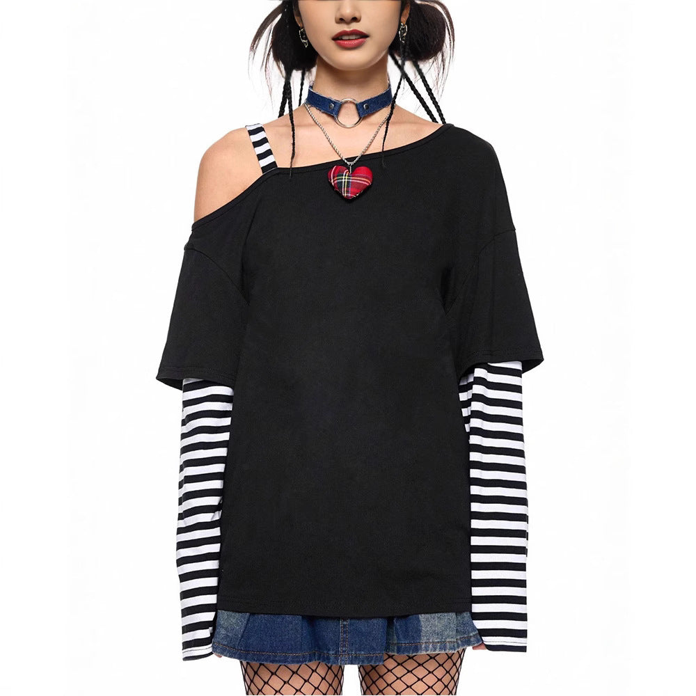 Damen Lässiges Off-Shoulder T-Shirt mit gestreiften Ärmeln und oversized Schnitt WOLFF
