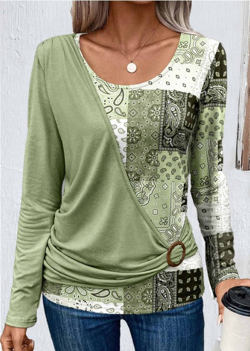 WOLFF Bedrucktes Patchwork Langarm-Strick-T-Shirt