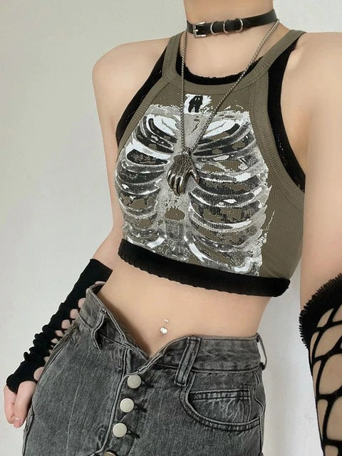 Damen Crop-Top mit künstlerischem Skelett-Print und modernem Schnitt WOLFF
