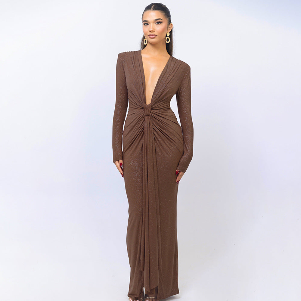 Damen bodenlanges glamouröses Kleid mit tiefem V-Ausschnitt und raffinierten Drapierungen WOLFF