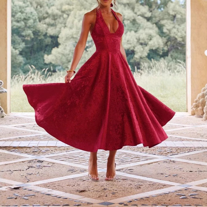 Damen elegantes A-Linien Cocktailkleid mit tiefem V-Ausschnitt und fließendem Rock WOLFF