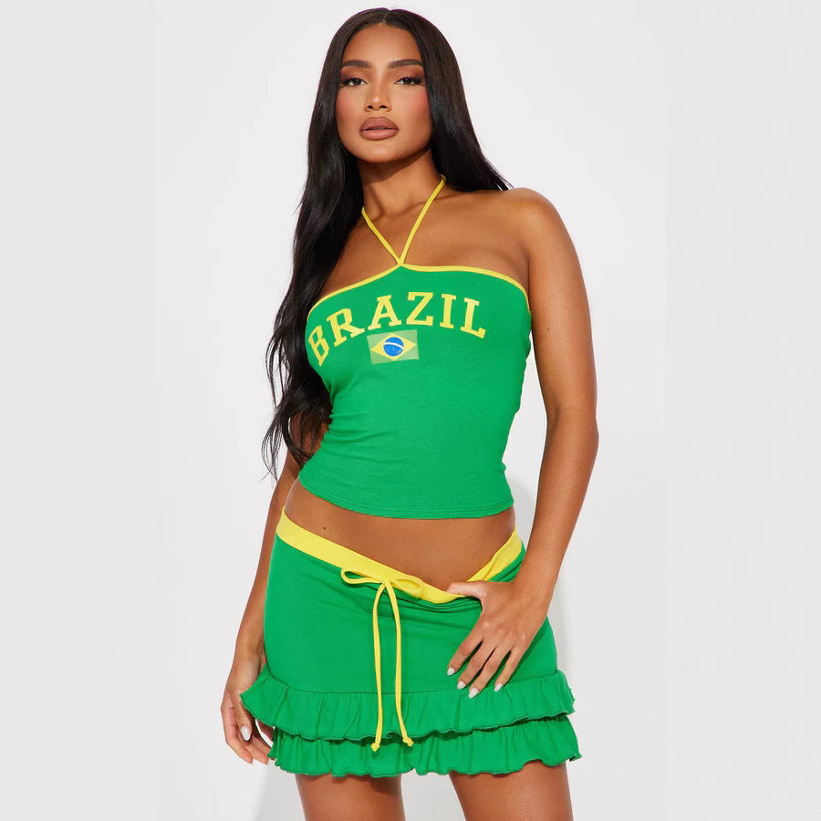 Damen Top und Rock-Set mit Brasilien-Motiv und verspielten Rüschen WOLFF