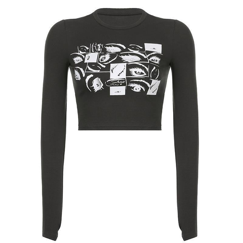 Damen Langarm-Crop-Top mit kreativem Eye-Print WOLFF