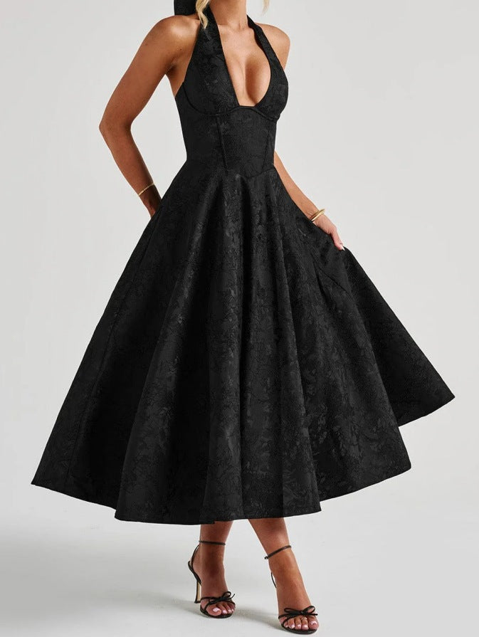 Damen elegantes A-Linien Cocktailkleid mit tiefem V-Ausschnitt und fließendem Rock WOLFF
