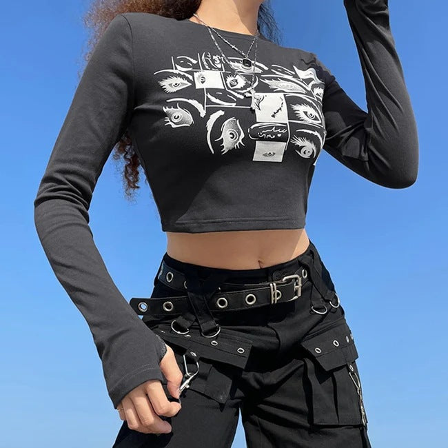 Damen Langarm-Crop-Top mit kreativem Eye-Print WOLFF