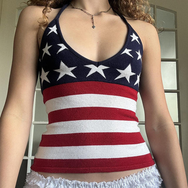 Damen Sportliches V-Ausschnitt Tanktop mit patriotischem Sternen- und Streifendruck WOLFF
