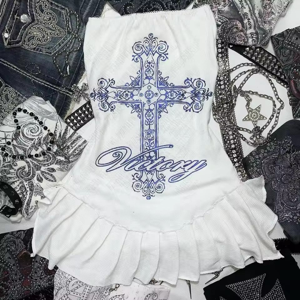 Damen Minikleid mit auffälligem Kreuzmotiv und Rüschensaum WOLFF