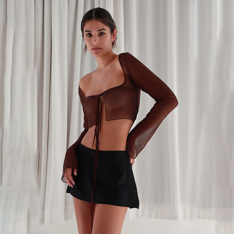 Damen Crop-Top mit transparenten langen Ärmeln und verspielten Bindebändern WOLFF