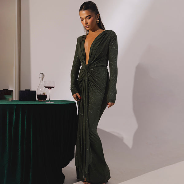 Damen bodenlanges glamouröses Kleid mit tiefem V-Ausschnitt und raffinierten Drapierungen WOLFF