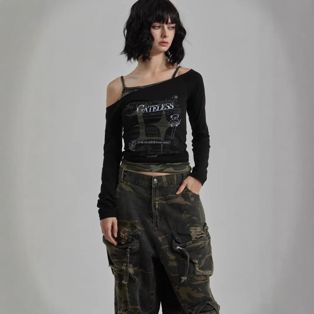 Damen Crop-Top mit asymmetrischem Design und künstlerischem Print WOLFF
