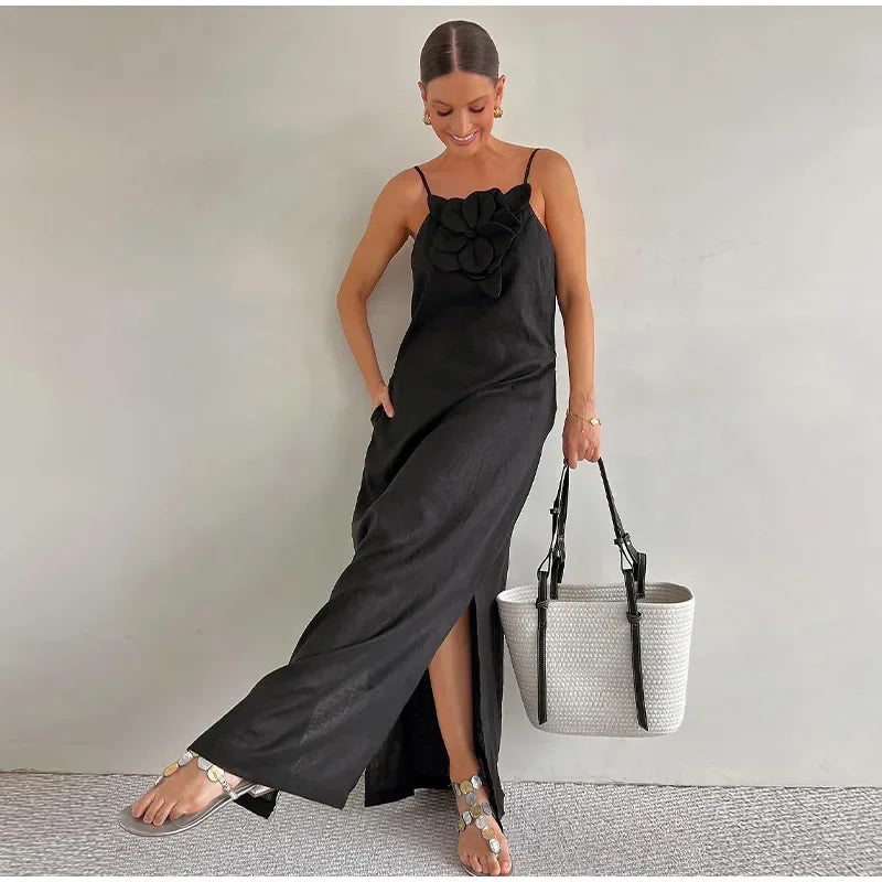 WOLFF - Maxikleid mit Schlitz und Taschen aus Leinenmischung mit Blumenverzierung