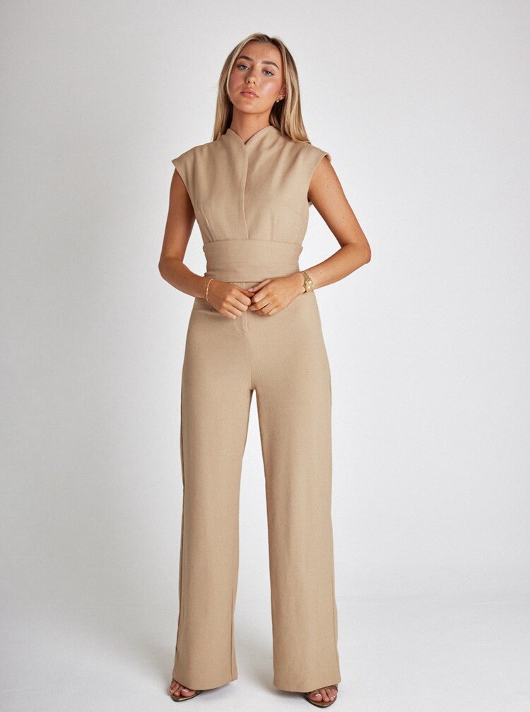 WOLFF Chique Jumpsuit -  V-Ausschnitt, engem Gürtel, weitem Bodycon-Bein