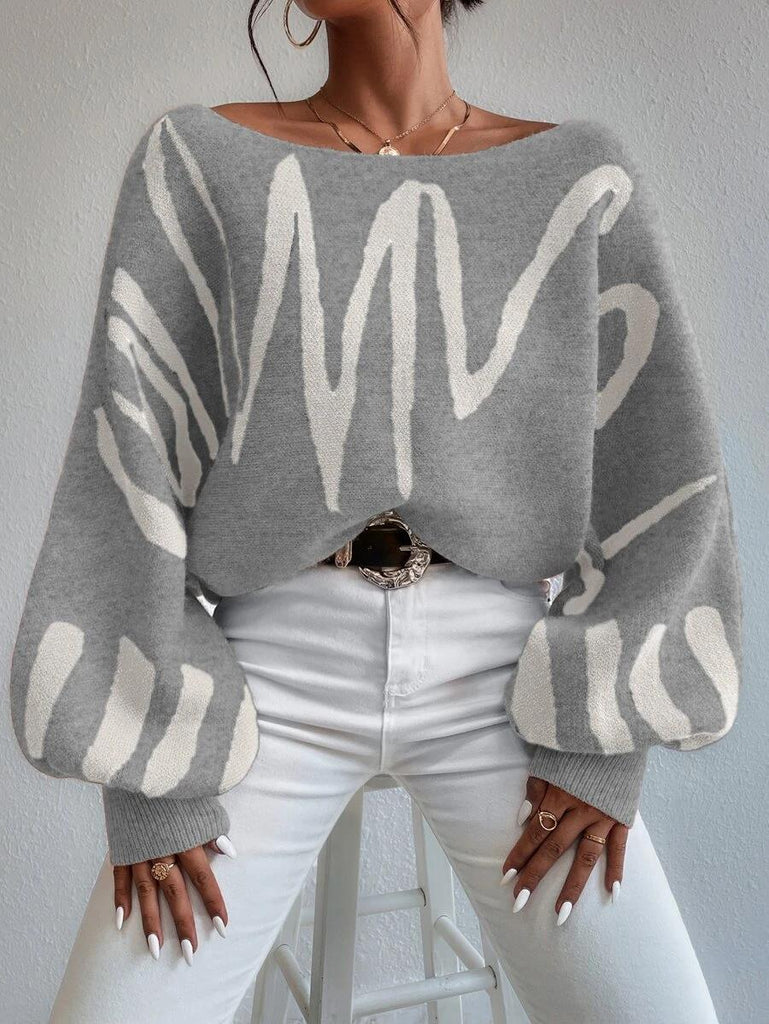 Wolff Pullover | Hellgrauer schulterfreier Oversized-Pullover mit Puffärmeln