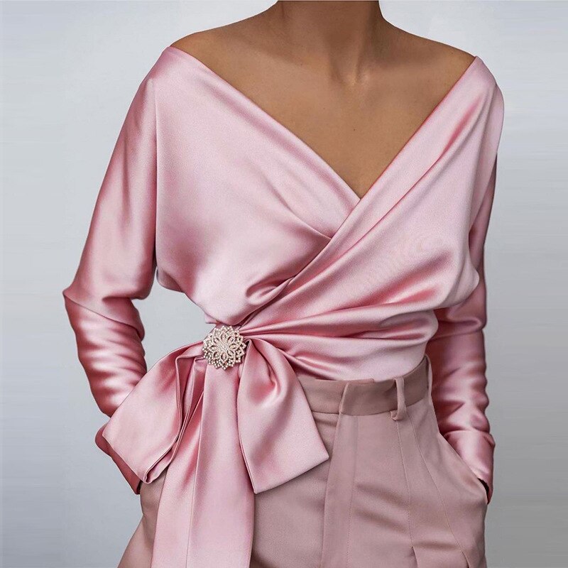 Wolff - Rosa Satin V-Ausschnitt Bluse