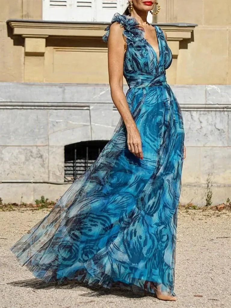 WOLFF - Bohemian Resort Style Pfauenblau Langes Kleid