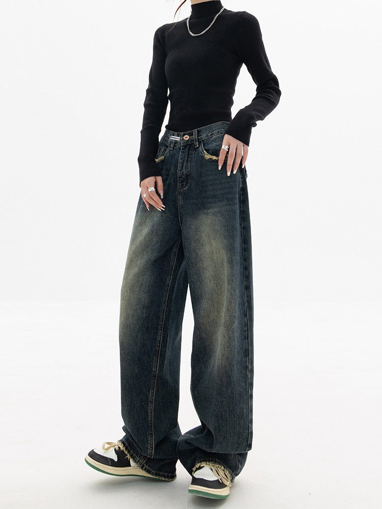 Wolff - Trendy Baggy Wide Leg Jeans Damen | Jeans mit hoher Taille Lässige Streetwear