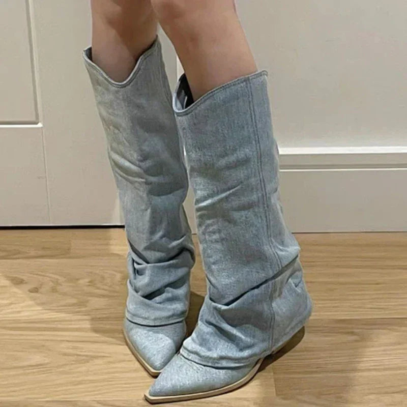 Denim-Kniestiefel