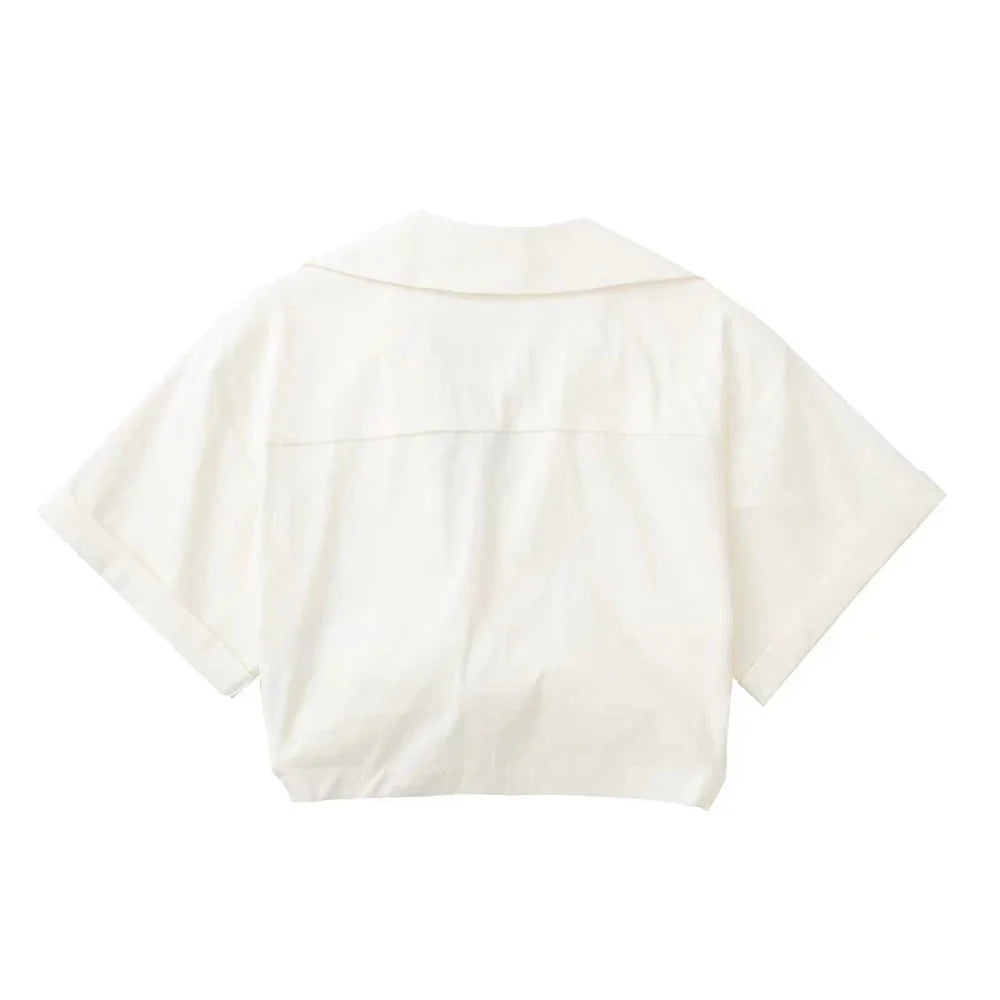 WOLFF - Damen Vintage Kurzarm Leinen Crop Shirt