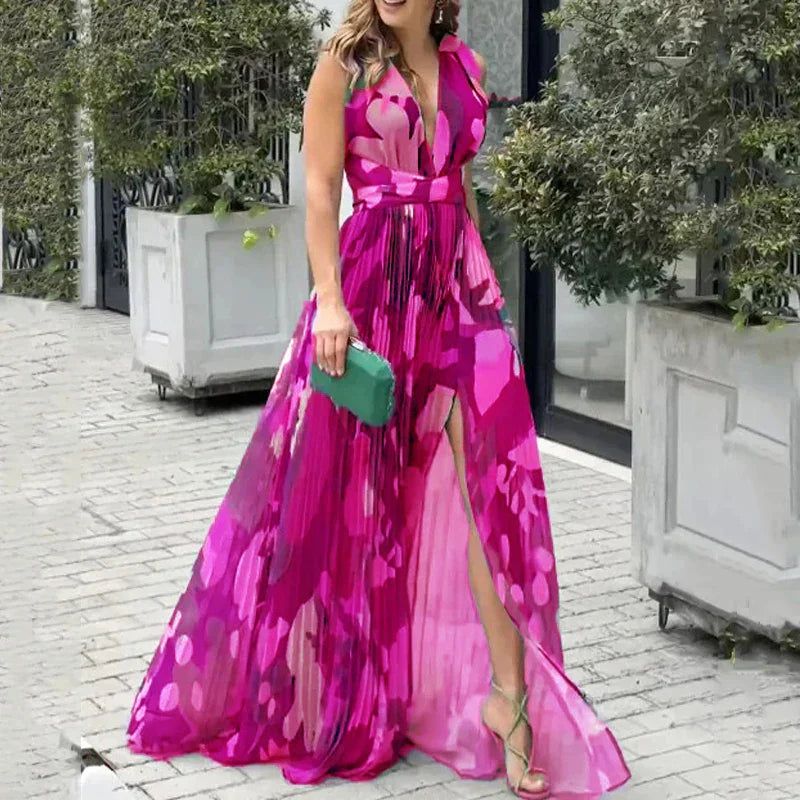 WOLFF - Elegantes rosa ärmelloses rückenfreies Maxikleid mit V-Ausschnitt, Schlitzdrapierung und taillierter Passform