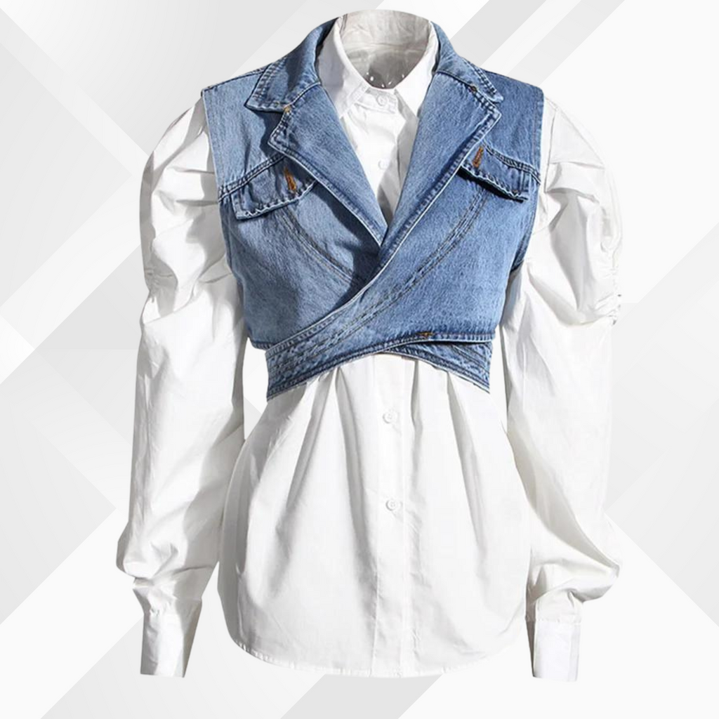 WOLFF - Denim vest en blouse met pofmouwen