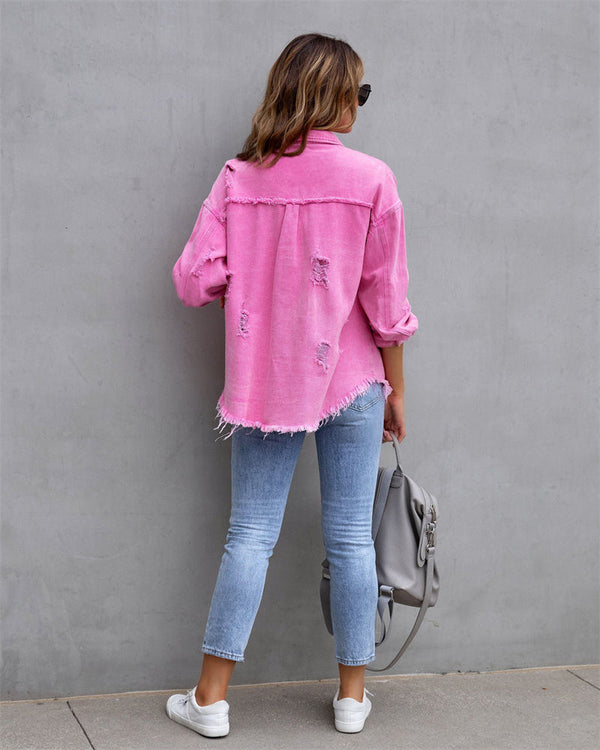 Jeansjacke | Lässiges Shirt-Style Jeancoat mit Löchern: Stilvolle Oberbekleidung