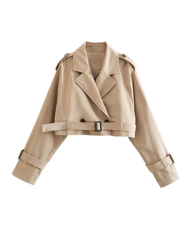 WOLFF Klassischer Khaki-Kurzmantel | Damen Langarm-Cropped-Jacke mit Schickem Design