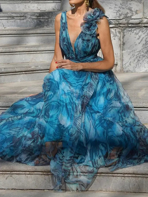 WOLFF - Bohemian Resort Style Pfauenblau Langes Kleid