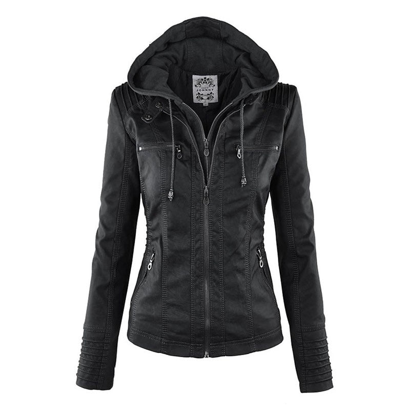 WOLFF Lederimitat Mantel | Damen Kapuzenjacke: Basic PU-Jacke