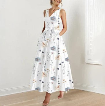 Wolff - Elegantes ärmelloses Maxikleid mit Blumenmuster und Gürtel | Maxikleid in A-Linie mit V-Ausschnitt und Blumenmuster für besondere Anlässe