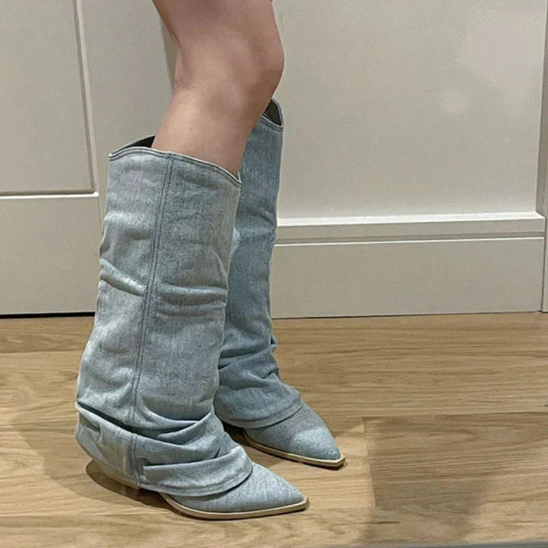 Denim-Kniestiefel