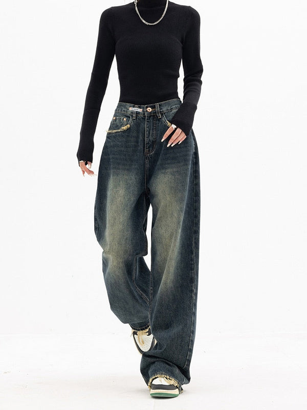 Wolff - Trendy Baggy Wide Leg Jeans Damen | Jeans mit hoher Taille Lässige Streetwear