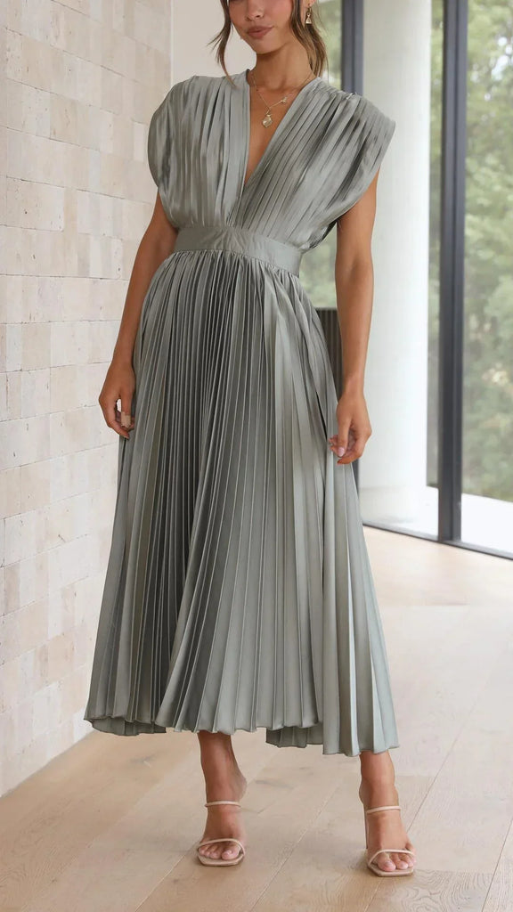 Wolff Plissiertes Kleid | Elegantes Mido Damenkleid mit V-Ausschnitt und Rückenbindung