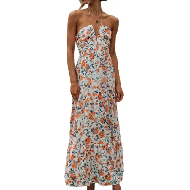 WOLFF - Damen Ärmelloses V-Ausschnitt Bohemian Blumendruck Chiffon Maxikleid