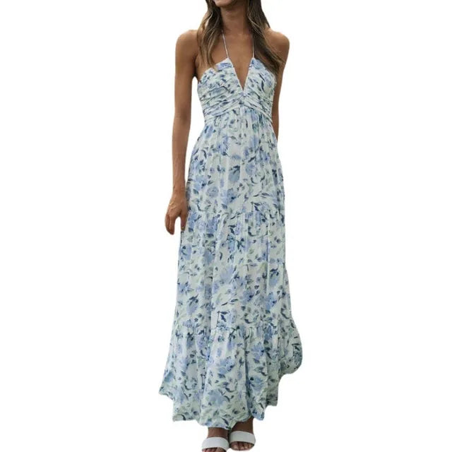 WOLFF - Damen Ärmelloses V-Ausschnitt Bohemian Blumendruck Chiffon Maxikleid