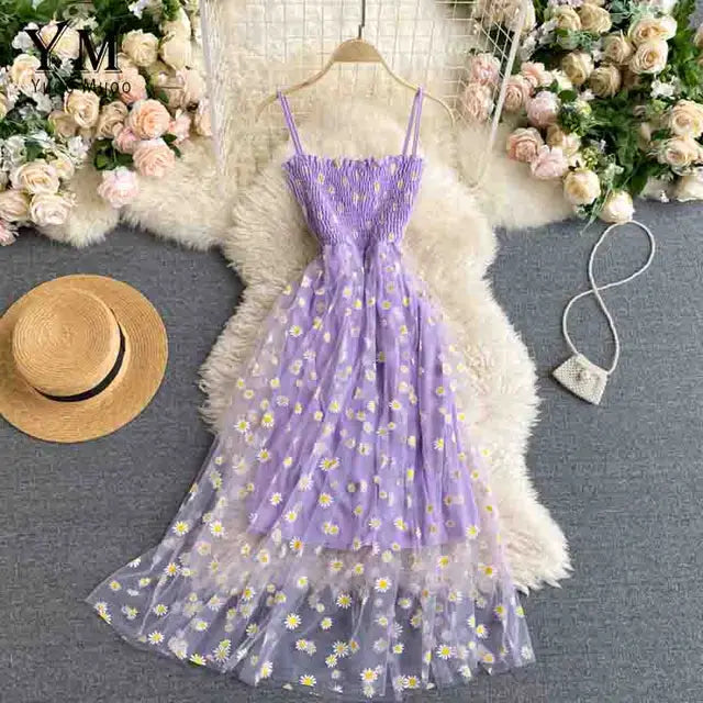 WOLFF - Damen Sommerliches Mesh-Partykleid mit Gänseblümchen-Blumendruck und Spaghettiträger