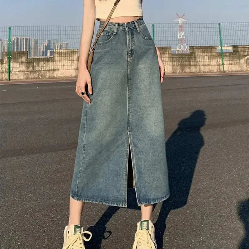 Sommerliche Brise High-Waist-Denim-Rock mit Schlitz