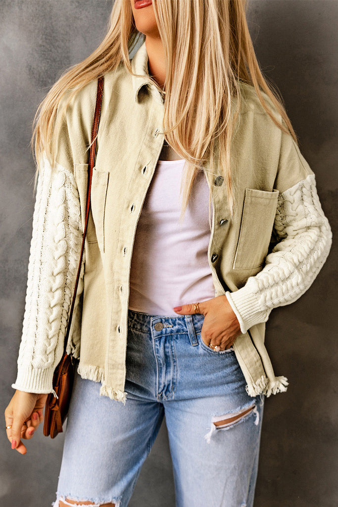 Unica khaki denim jacket with knit sleeves