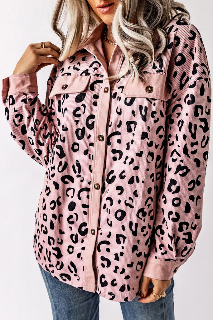 Fascinating pink corduroy jacket with leopard print