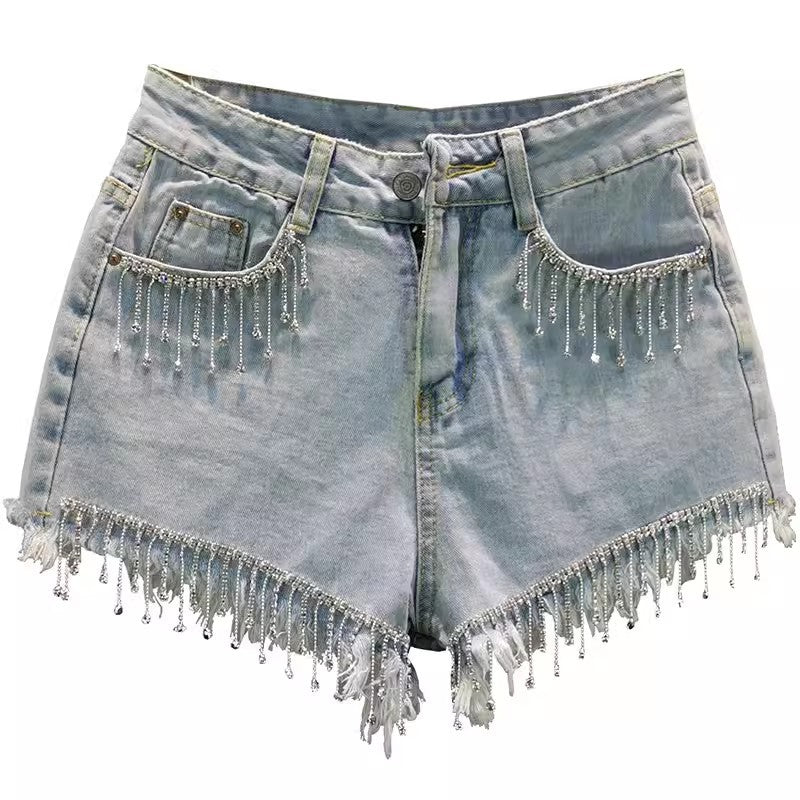 Wolff-Tassel-Jeansshorts mit hoher Taille